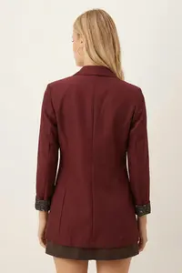 armonika Women's Burgundy Single Button Jacket with Leopard Pattern on the Sleeve - Image 3