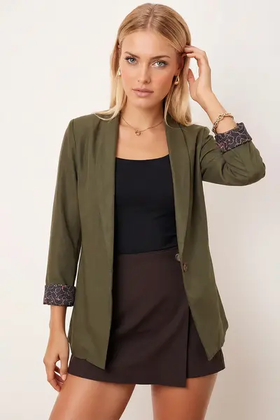 armonika Women's Green Single-Button Jacket with Leopard Pattern on the Sleeve