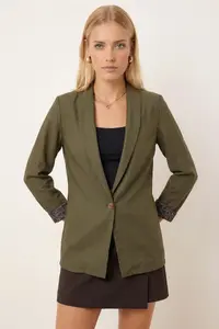 armonika Women's Green Single-Button Jacket with Leopard Pattern on the Sleeve - Image 2