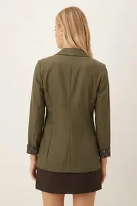 armonika Women's Green Single-Button Jacket with Leopard Pattern on the Sleeve - Image 3