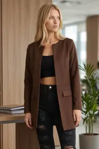 armonika Women Brown Beli stitched LONG Jacket - Image 2