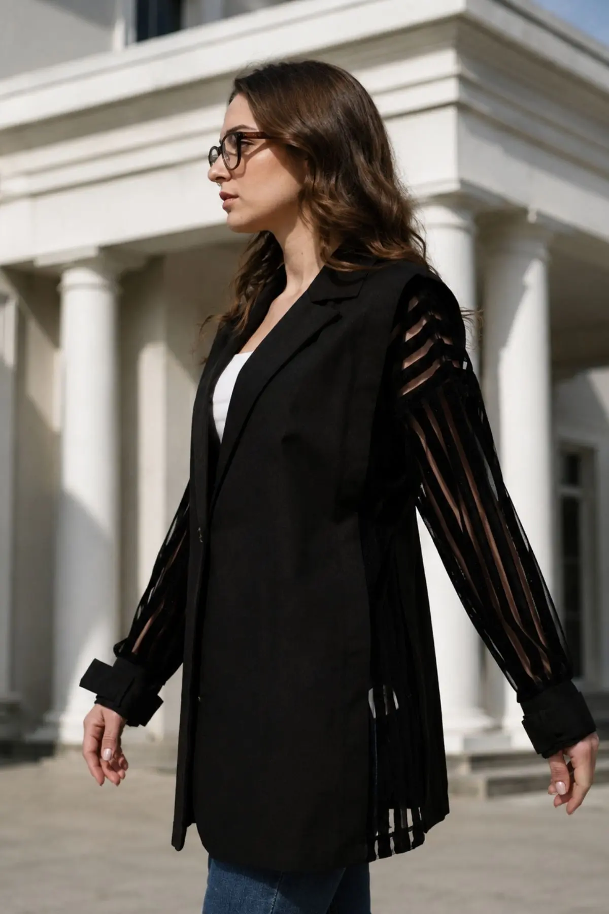 armonika Women's Black Side Lace Padded Oversize Single Button Jacket