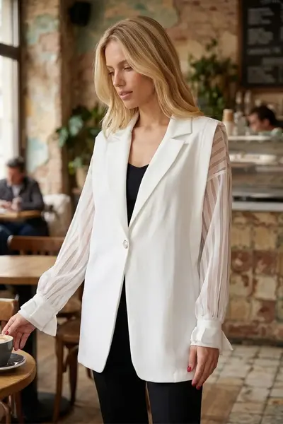 armonika Women's White Side Lace Padded Oversize Single Button Jacket