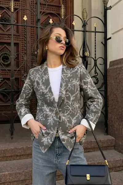 armonika Women Khaki Patterned Single Button Jacket