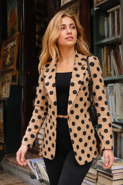 armonika Women's Mink Polka Dot Single Button Jacket