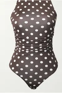 Olalook Women's Polka Dot Brown Halter Collar Buttoned Bodysuit with Six Snaps - Image 5