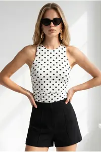 Olalook Women's Polka Dot White Halter Collar Buttoned Bodysuit with Six Snaps - Image 4