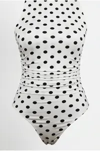 Olalook Women's Polka Dot White Halter Collar Buttoned Bodysuit with Six Snaps - Image 5