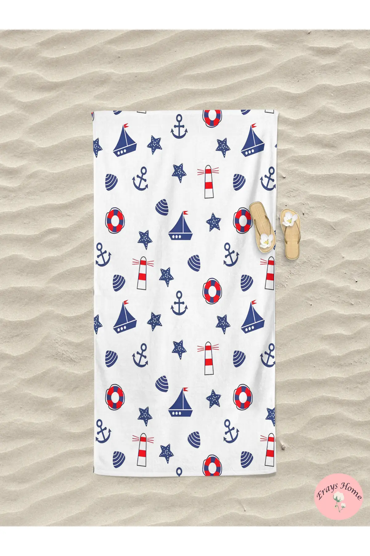 Erays Home Anchor Marine Patterned Digital Printed Children's Beach Towel Cotton Beach Towel Sea Towel