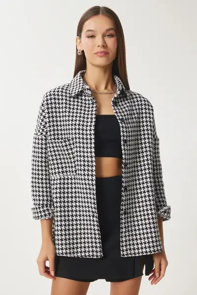 Happiness İstanbul Women's White Black Houndstooth Pattern Oversize Wool Stitch Shirt Jacket