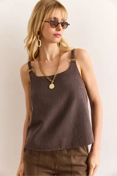 Olalook Women's Mink Strap Accessory Washed Soil Linen Blouse