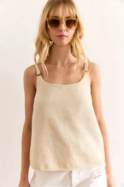 Olalook Women's Stone Strap Accessory Washed Soil Linen Blouse