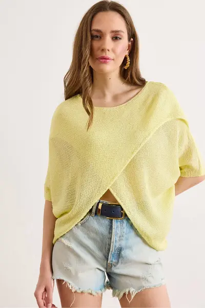 Olalook Women's Yellow Wrap Front Mercerized Knitwear Blouse