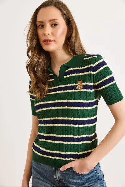 Olalook Women's Emerald Green Polo Neck Teddy Bear Embroidered Seasonal Knitwear Blouse