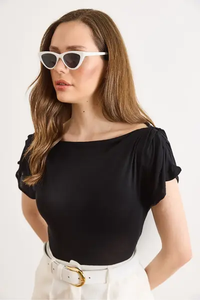 Olalook Women's Black Back Degaje Shoulder Drape Detailed Transparent Blouse