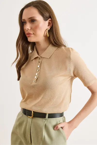 Olalook Women's Beige Polo Neck Transparent Knitwear Blouse