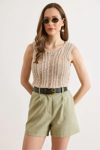 Olalook Women's Stone Patchwork Openwork Summer Knitwear Blouse