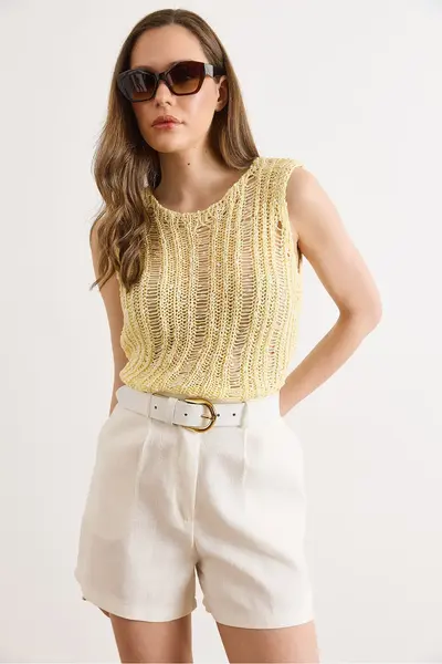 Olalook Women's Yellow Gray Openwork Summer Knitwear Blouse