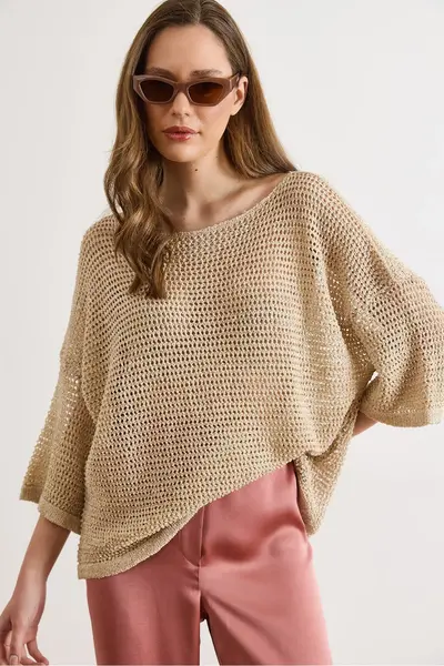 Olalook Women's Stone Thread Tiny Sequin Openwork Loose Fit Knitwear Blouse
