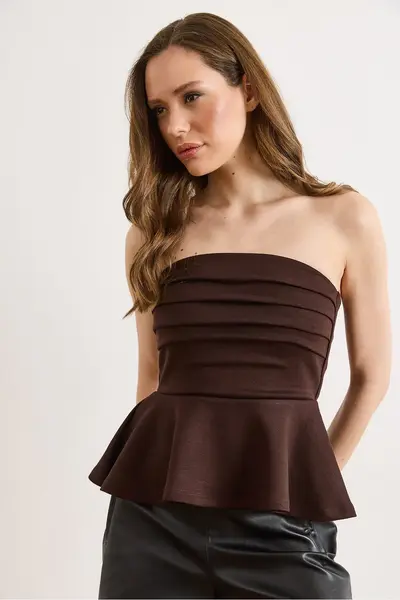 Olalook Women's Brown Drape Detailed Strapless Blouse