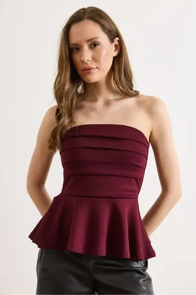 Olalook Women's Claret Red Drape Detailed Strapless Blouse