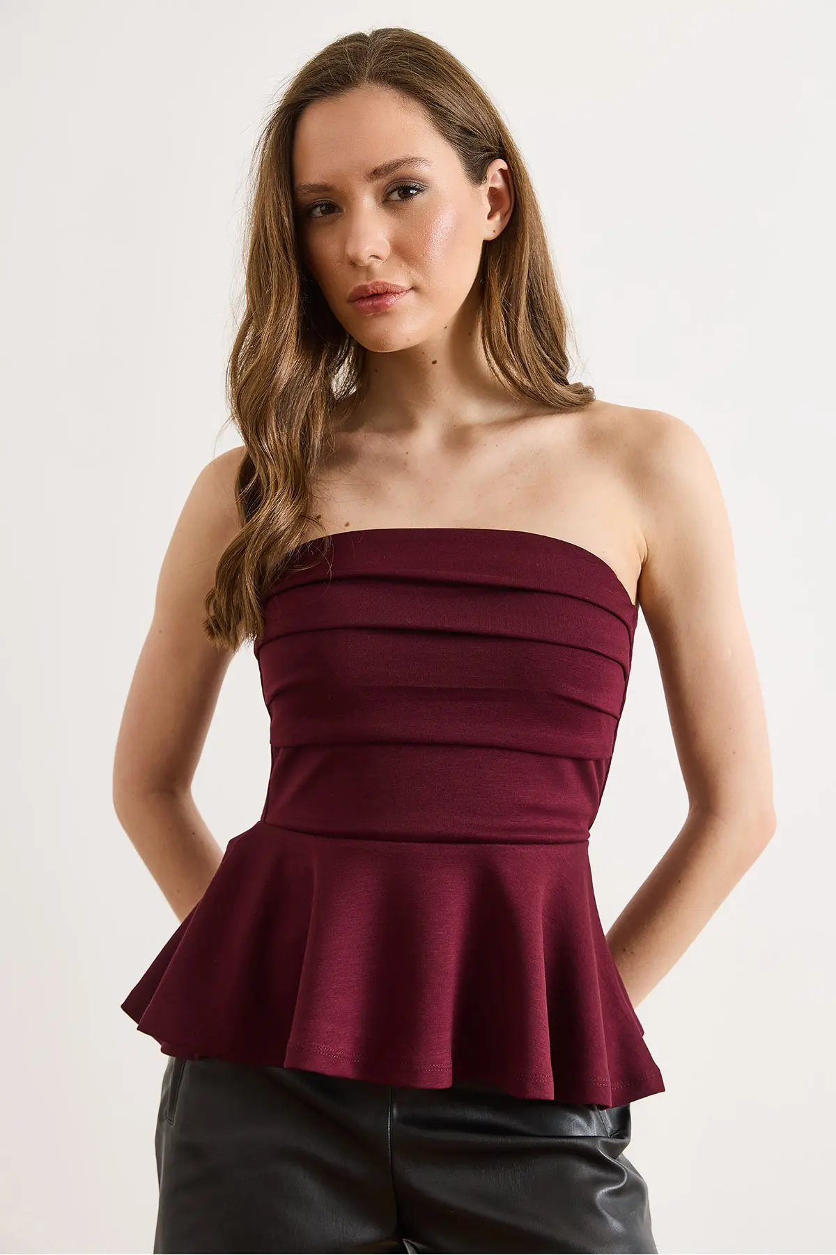 Olalook Women's Claret Red Drape Detailed Strapless Blouse