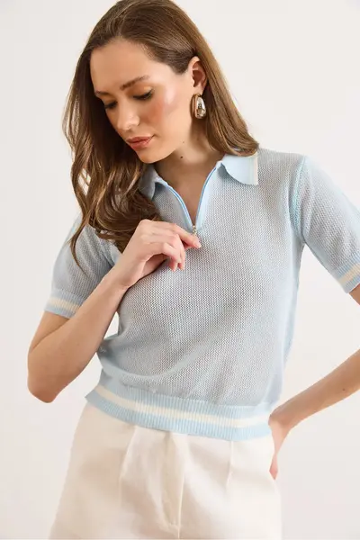 Olalook Women's Baby Blue Polo Collar Zippered Openwork Crop Knitwear Blouse