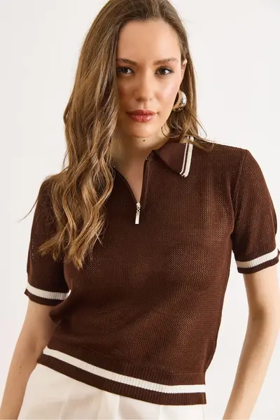 Olalook Women's Brown Polo Neck Zippered Openwork Crop Knitwear Blouse