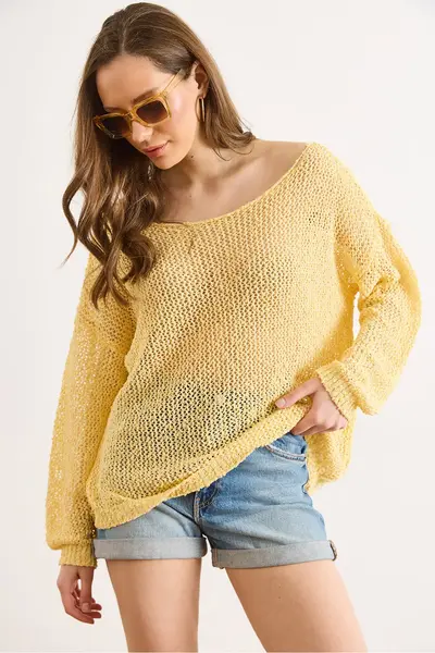 Olalook Women's Yellow Wide Collar Openwork Loose Fit Knitwear Blouse