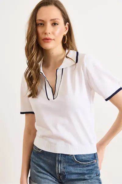 Olalook Women's White Polo Neck Color Striped Fine Knitwear Blouse
