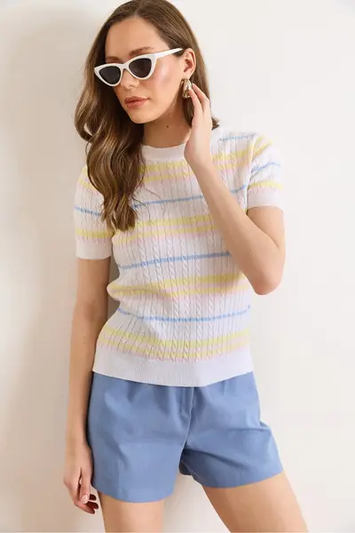 Olalook Women's White Crew Neck Hair Knitted Striped Knitwear Blouse
