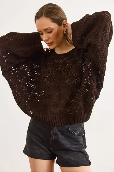Olalook Women's Bitter Brown Geometric Detailed Loose Fit Seasonal Knitwear Blouse