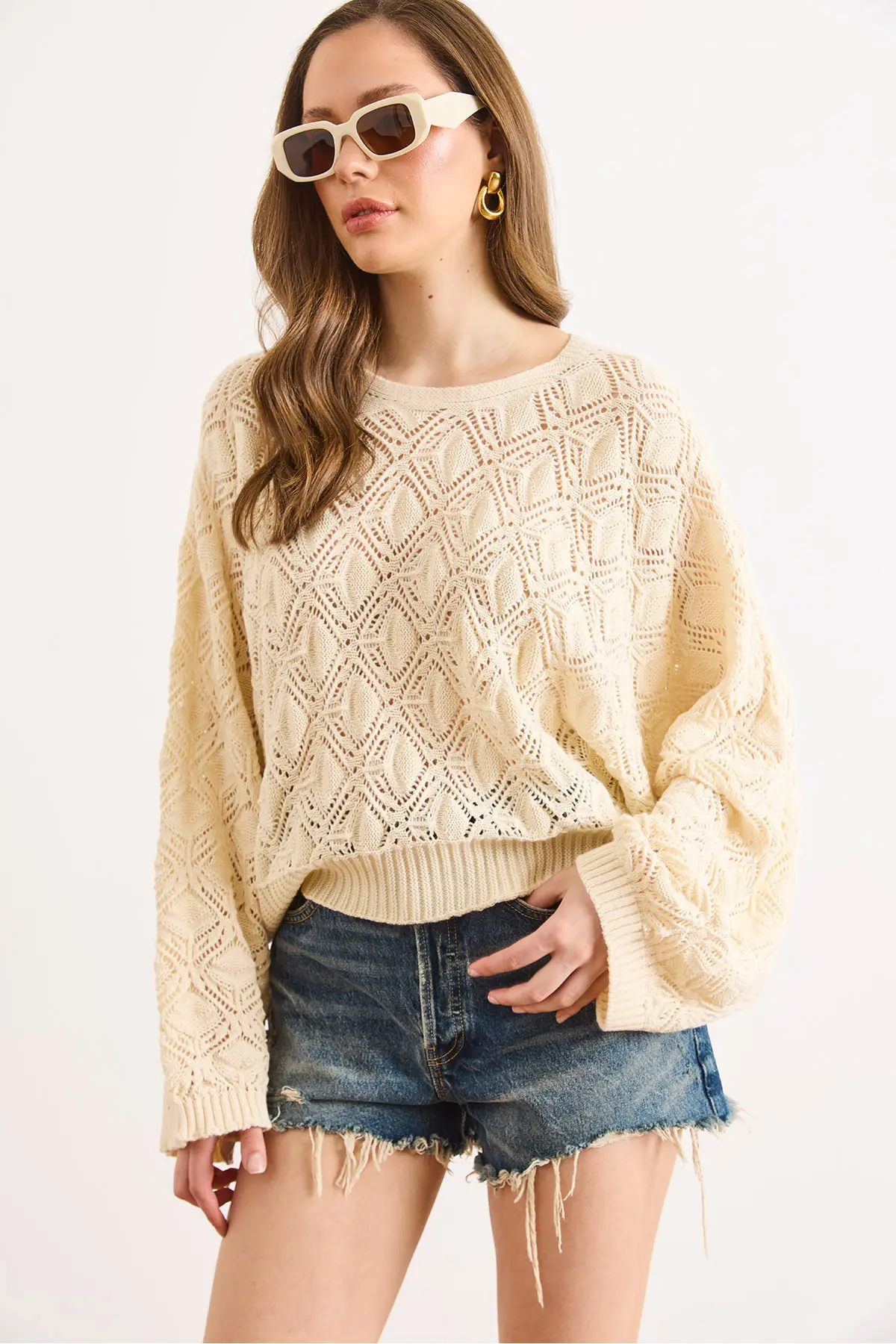 Olalook Women's Ecru Geometric Detailed Loose Fit Seasonal Knitwear Blouse