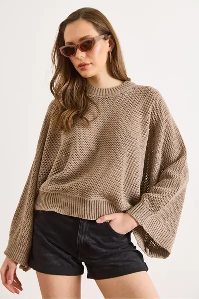 Olalook Women's Mink Crew Neck Openwork Loose Fit Seasonal Knitwear Blouse