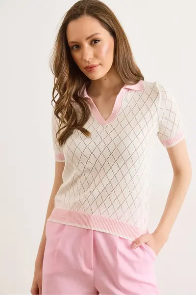 Olalook Women's White Pink Polo Collar Color Detailed Seasonal Knitwear Blouse