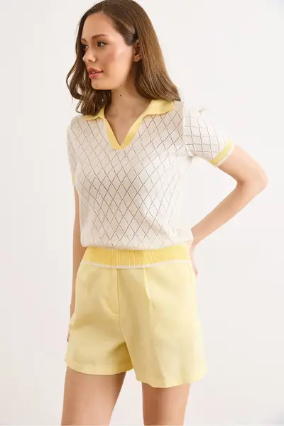 Olalook Women's White Yellow Polo Collar Color Detailed Seasonal Knitwear Blouse