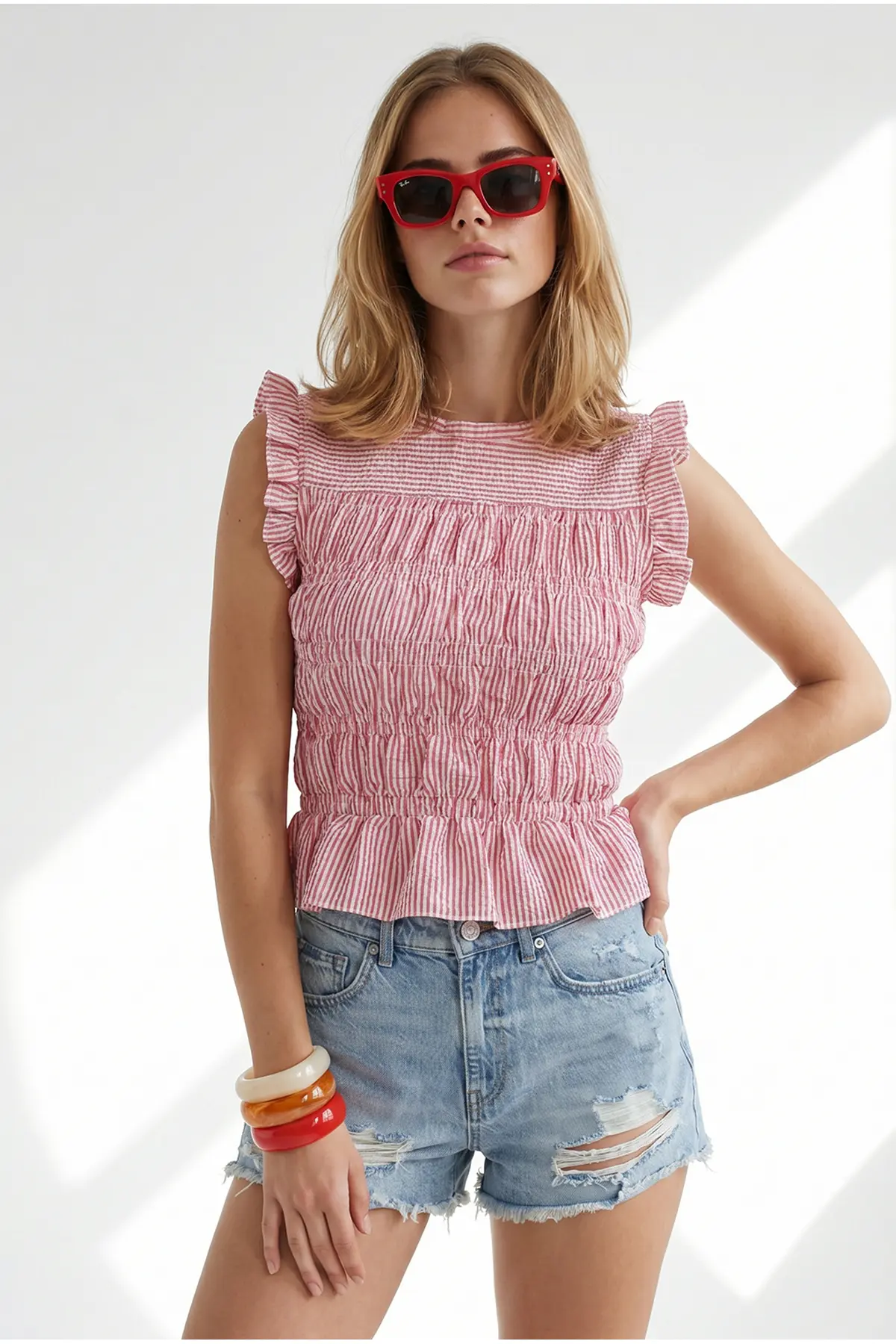 Olalook Women's Fuchsia Gimped Crop Gingham Woven Blouse
