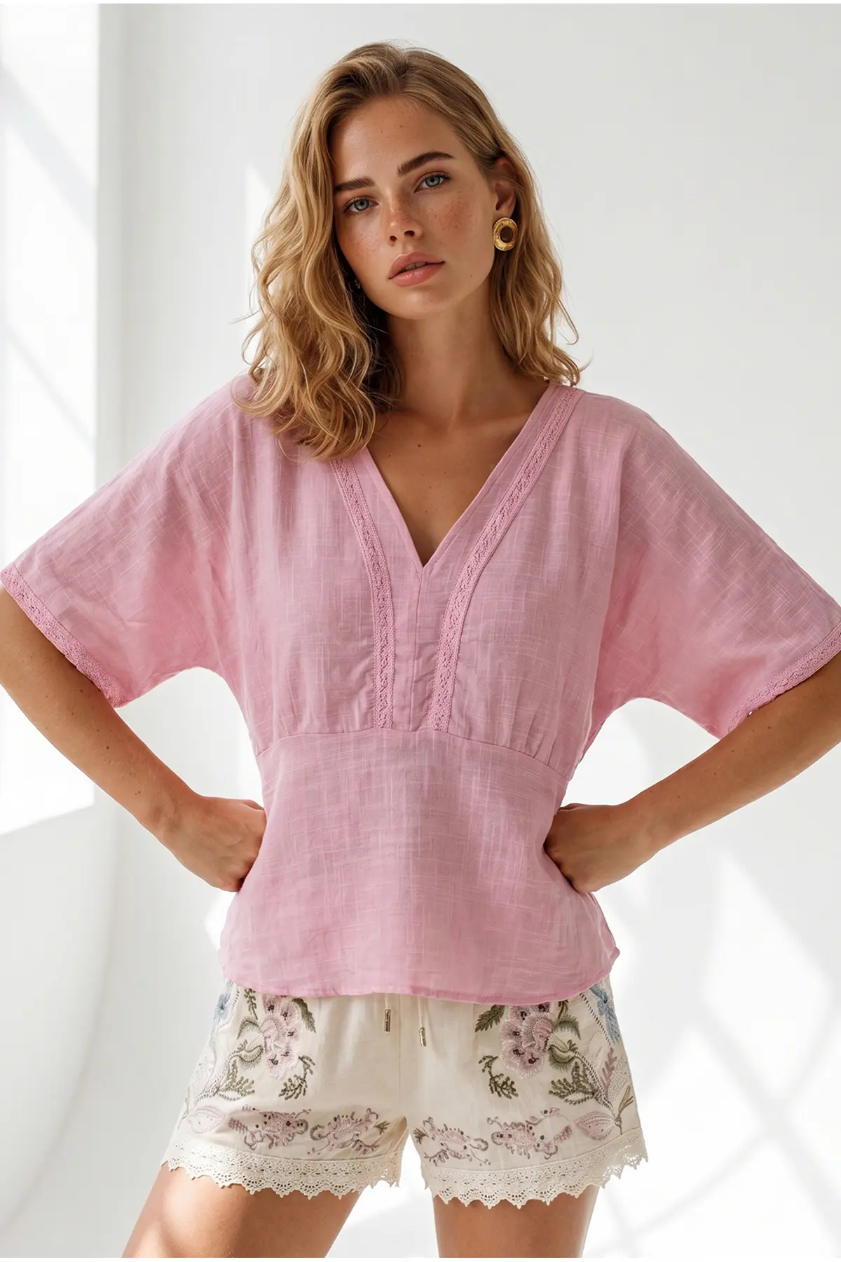 Olalook Women's Pink Boho Lace Detailed Flam Cotton Blouse