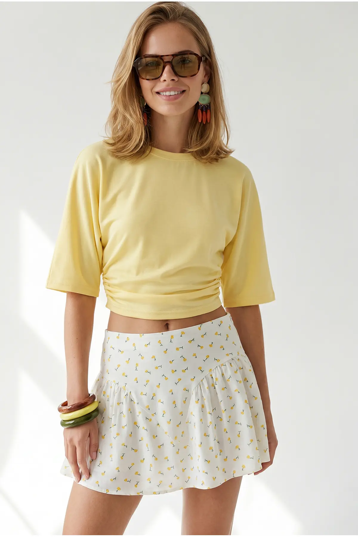 Olalook Women's Yellow Crew Neck Bat Drape Detailed Crop Blouse
