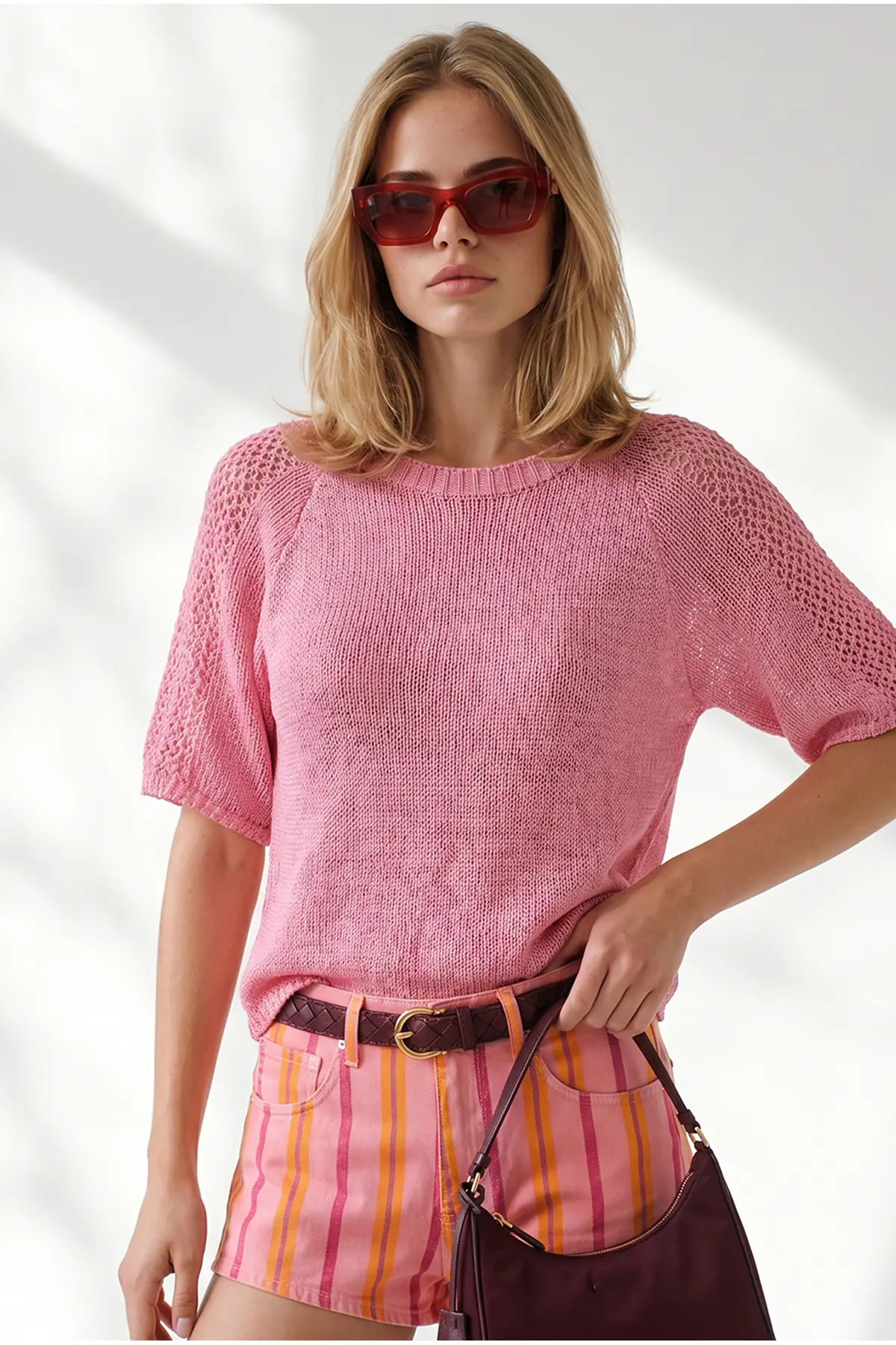 Olalook Women's Pink Raglan Sleeve Mercerized Knitwear Blouse