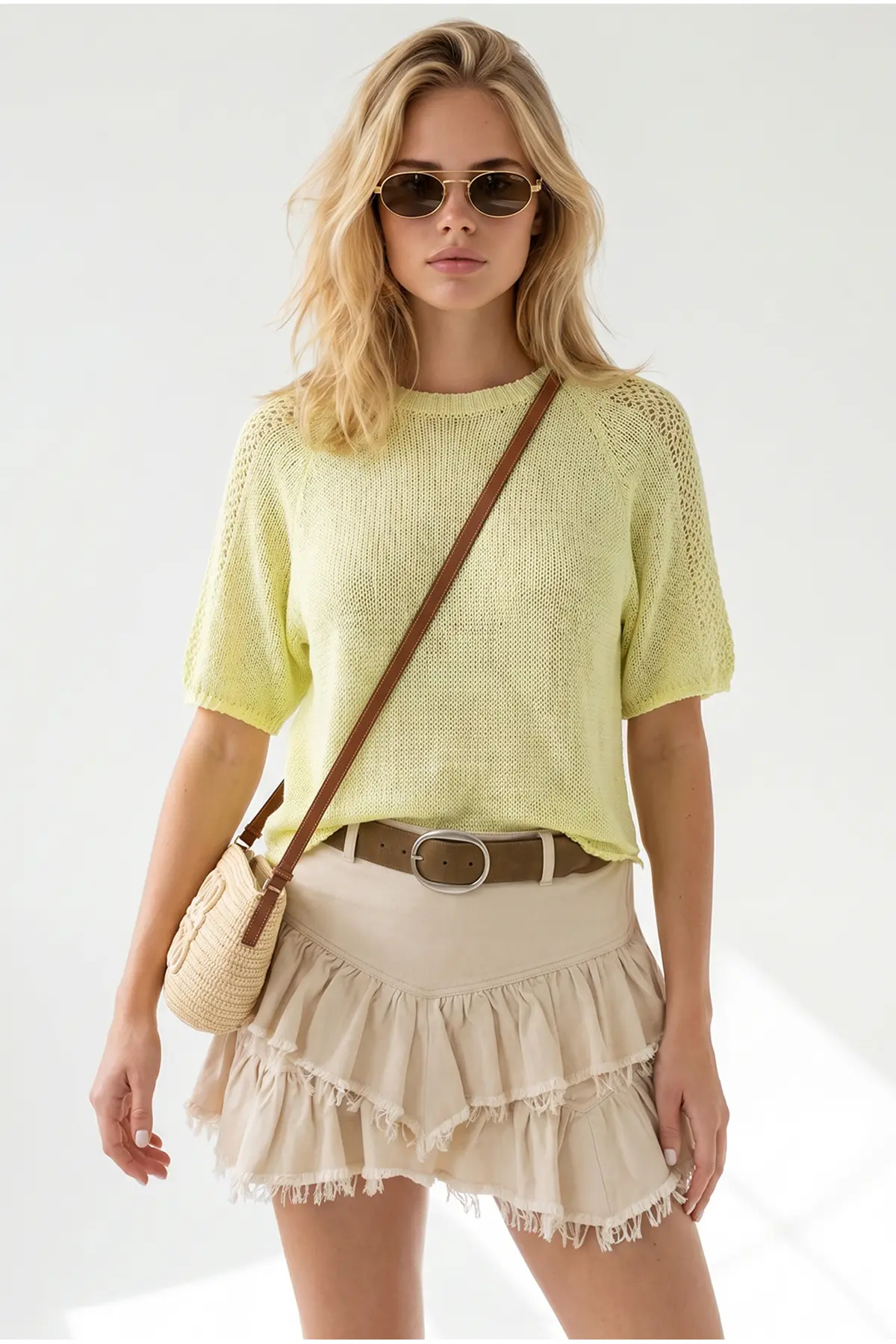 Olalook Women's Yellow Raglan Sleeve Mercerized Knitwear Blouse