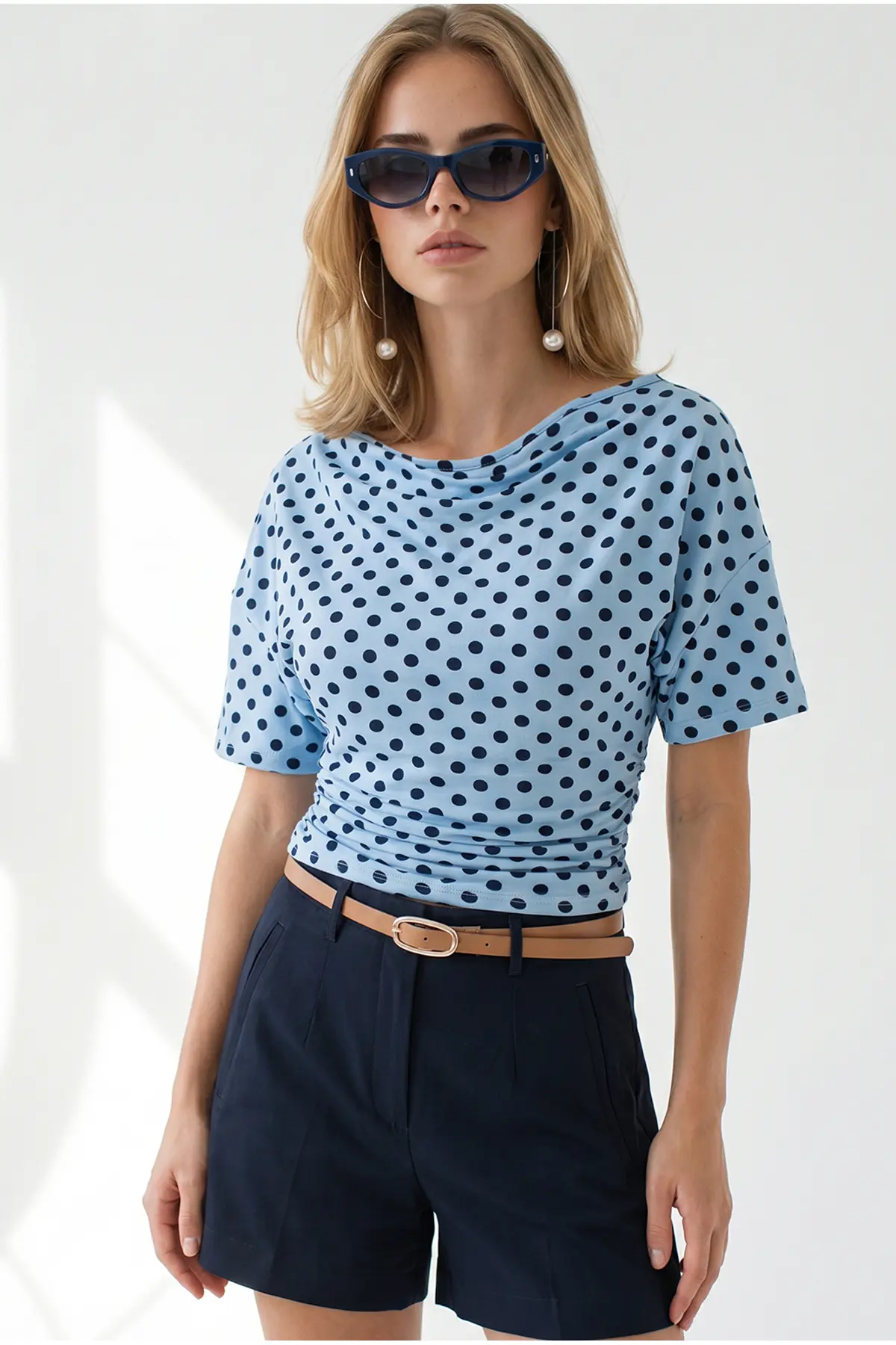 Olalook Women's Polka Dot Baby Blue Drape Detailed Collar Polka Dot Blouse