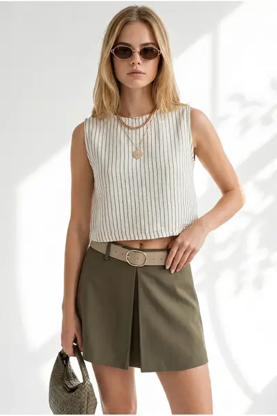 Olalook Women's Ecru Khaki Striped Crop Muslin Blouse