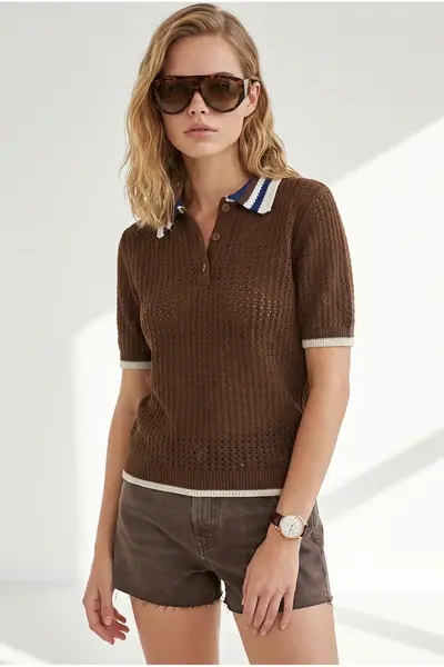 Olalook Women's Brown Openwork Collar Color Detailed Knitwear Blouse