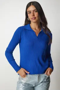 Happiness İstanbul Women's Dark Blue Polo Neck Ribbed Knitwear Sweater - Image 2