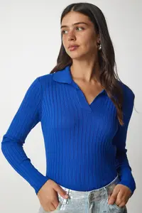 Happiness İstanbul Women's Dark Blue Polo Neck Ribbed Knitwear Sweater - Image 3
