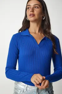 Happiness İstanbul Women's Dark Blue Polo Neck Ribbed Knitwear Sweater - Image 4