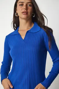 Happiness İstanbul Women's Dark Blue Polo Neck Ribbed Knitwear Sweater - Image 5