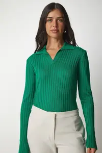 Happiness İstanbul Women Green Polo Shirt Collar Ribbed Knitwear Sweater