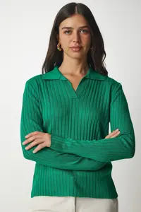 Happiness İstanbul Women Green Polo Shirt Collar Ribbed Knitwear Sweater - Image 2